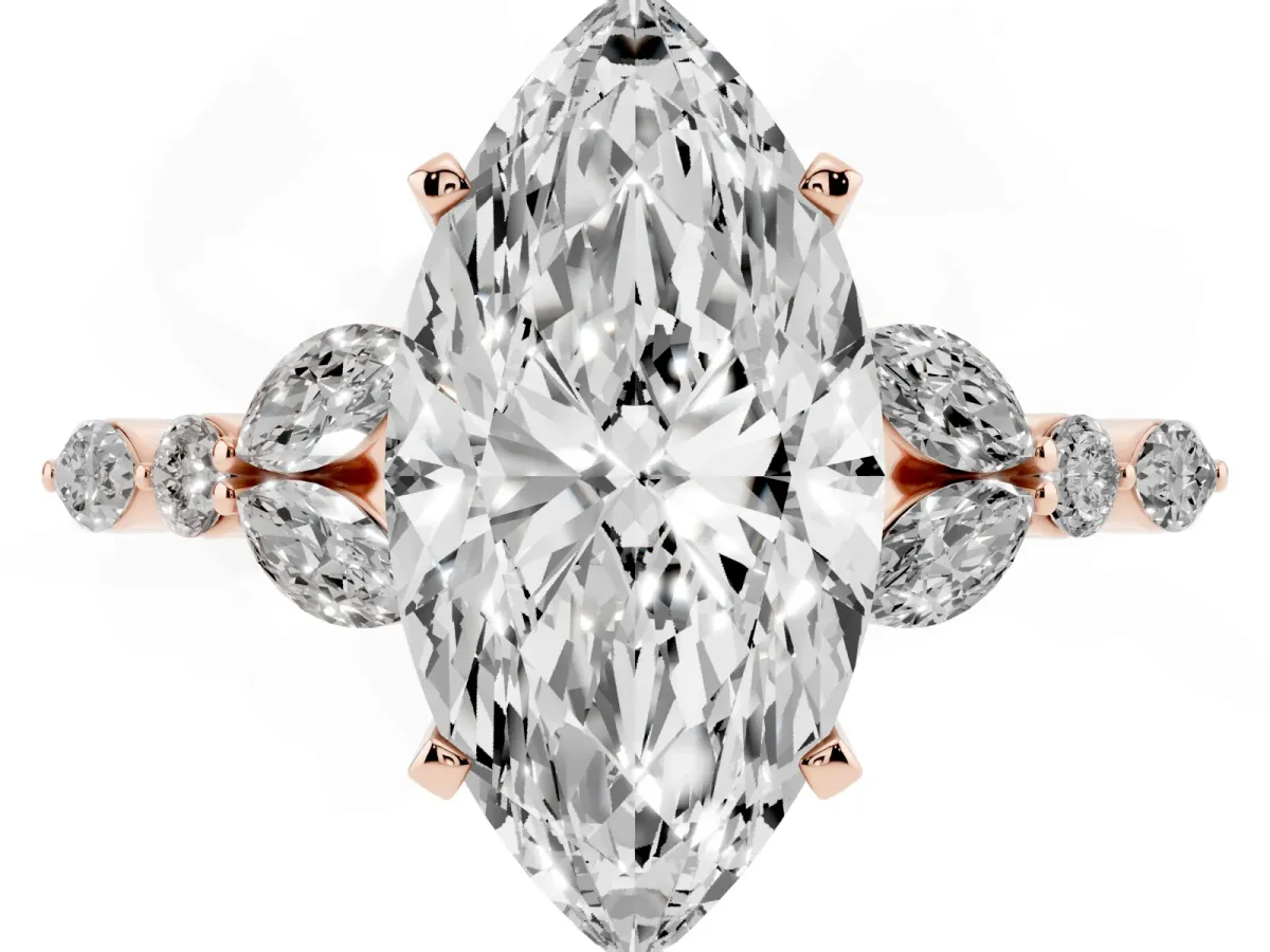 Marquise Cut Diamond Solitaire Ring with Side Stones and Four-Prong Setting Rose gold