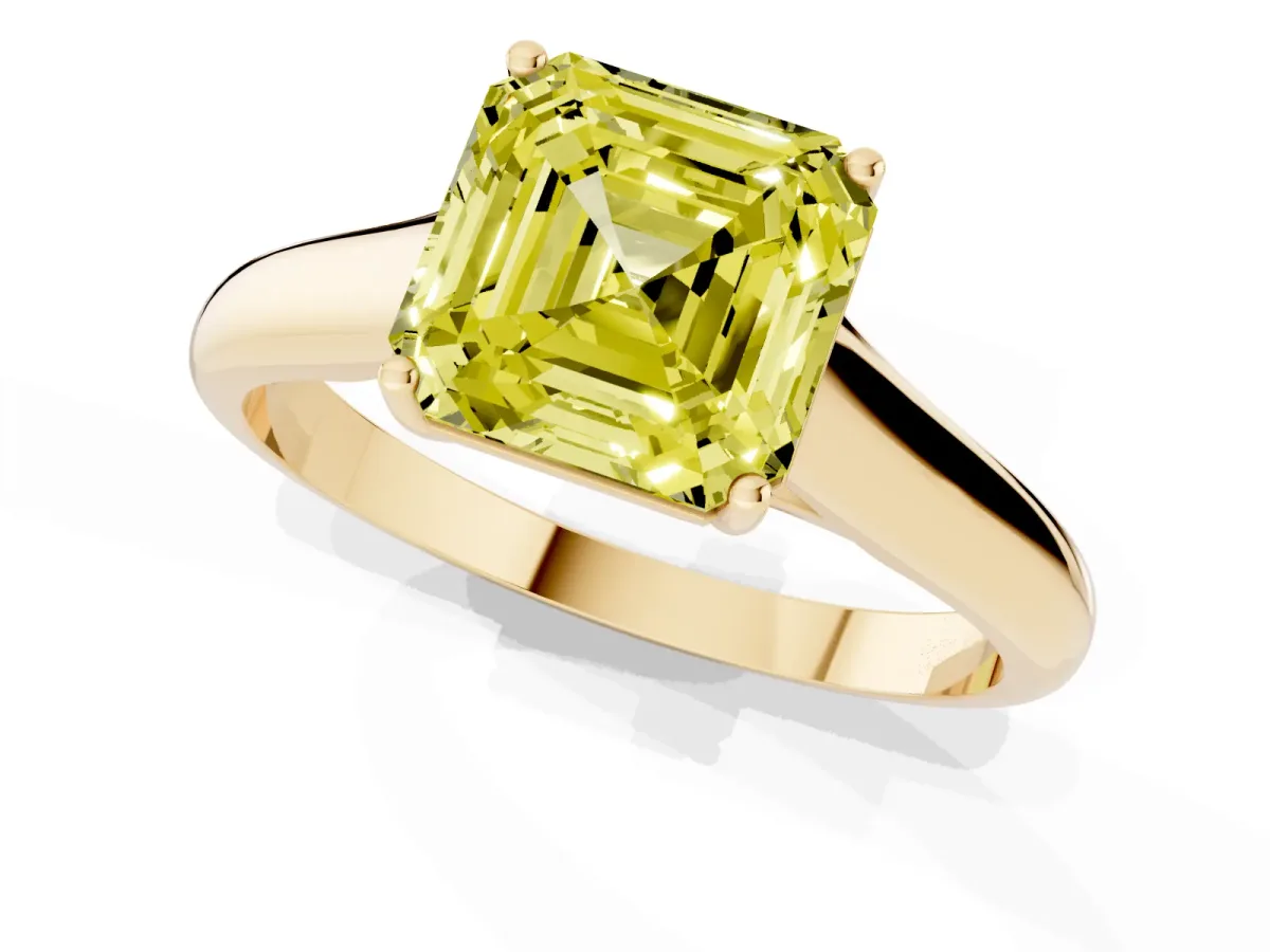 Fancy Yellow Asscher Cut Solitaire Engagement Ring with Tapered Band and Four-Prong Setting Yellow gold