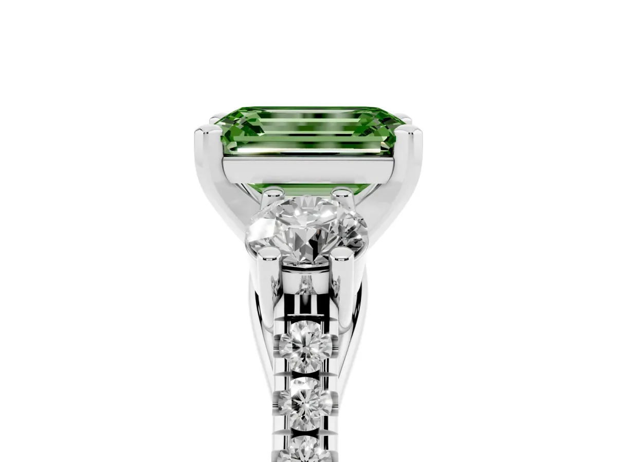 Fancy Green Three-Stone Emerald Cut Diamond Pavé Band with Four-Prong Setting Silver