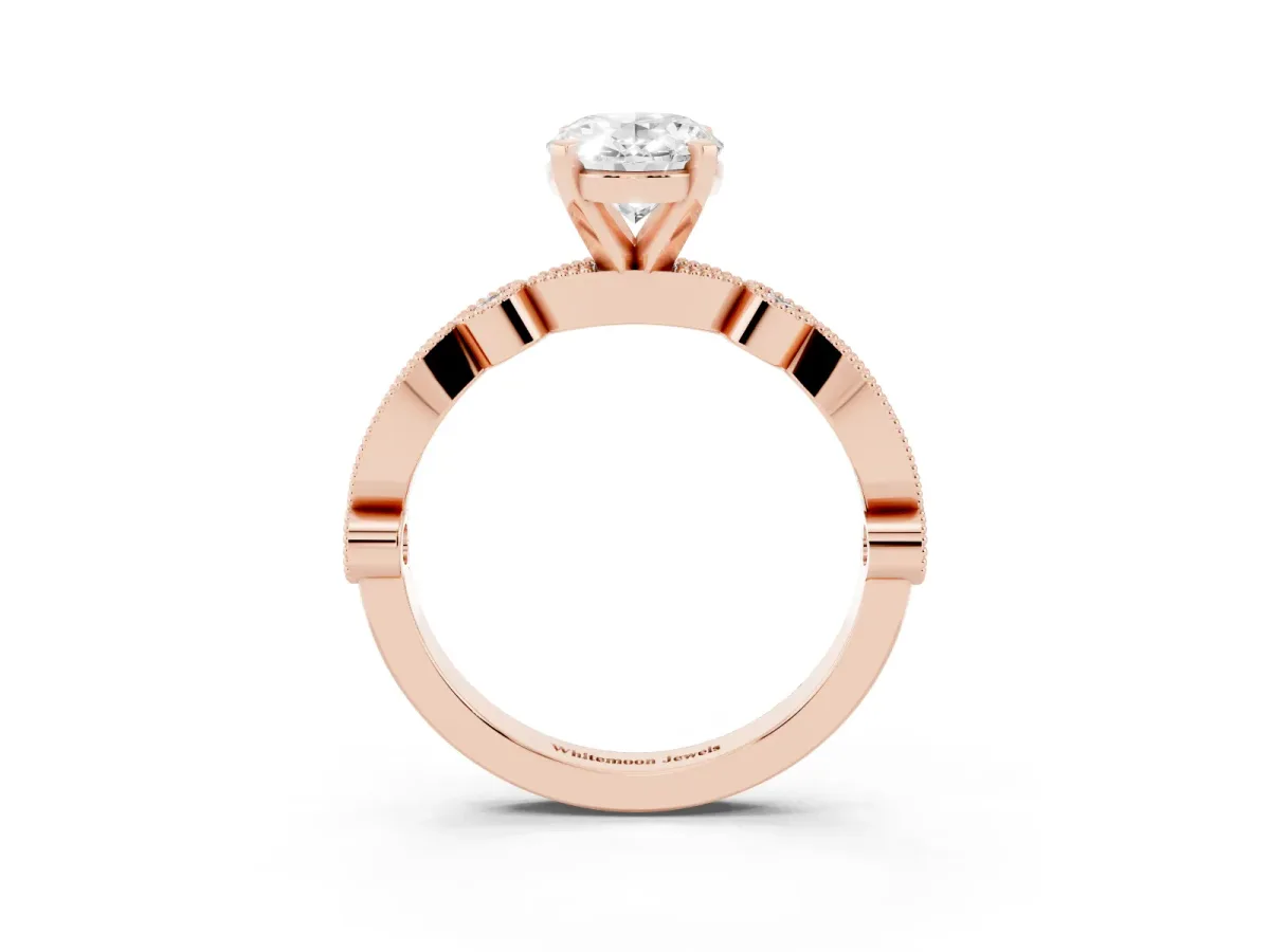 Oval Cut Milgrain Bezel Diamond Engagement Ring with Solitaire Prong Setting Rose gold