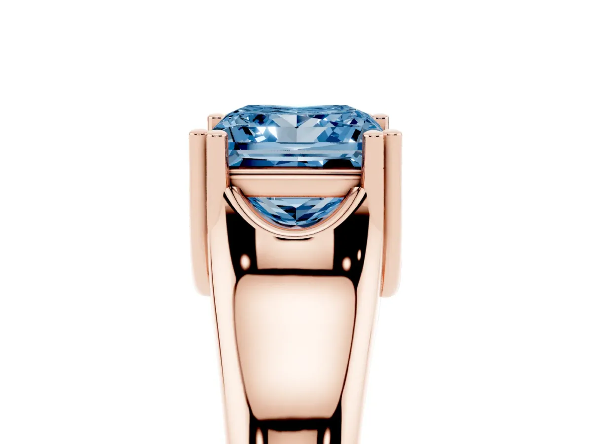 Fancy Blue Princess Cut Diamond Solitaire Ring with Wide Band and Prong Setting Rose gold