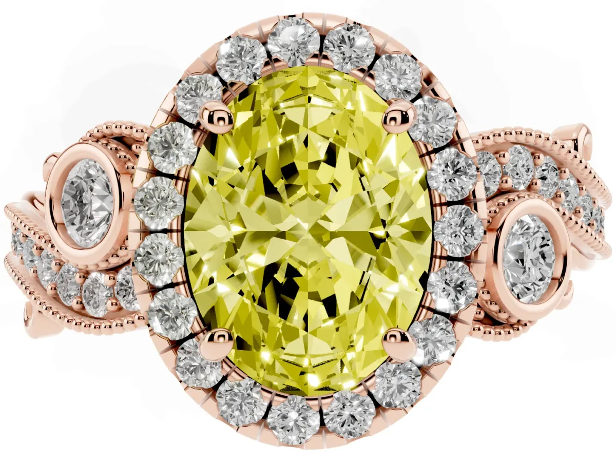 Fancy Yellow Oval Cut Halo Diamond Ring with Milgrain and Bezel Accents on a Split Shank Band Rose gold