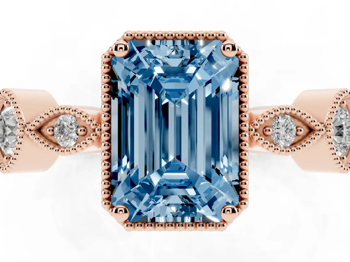 Fancy Blue Emerald Cut Diamond Vintage Milgrain Ring with Round Stations Rose gold