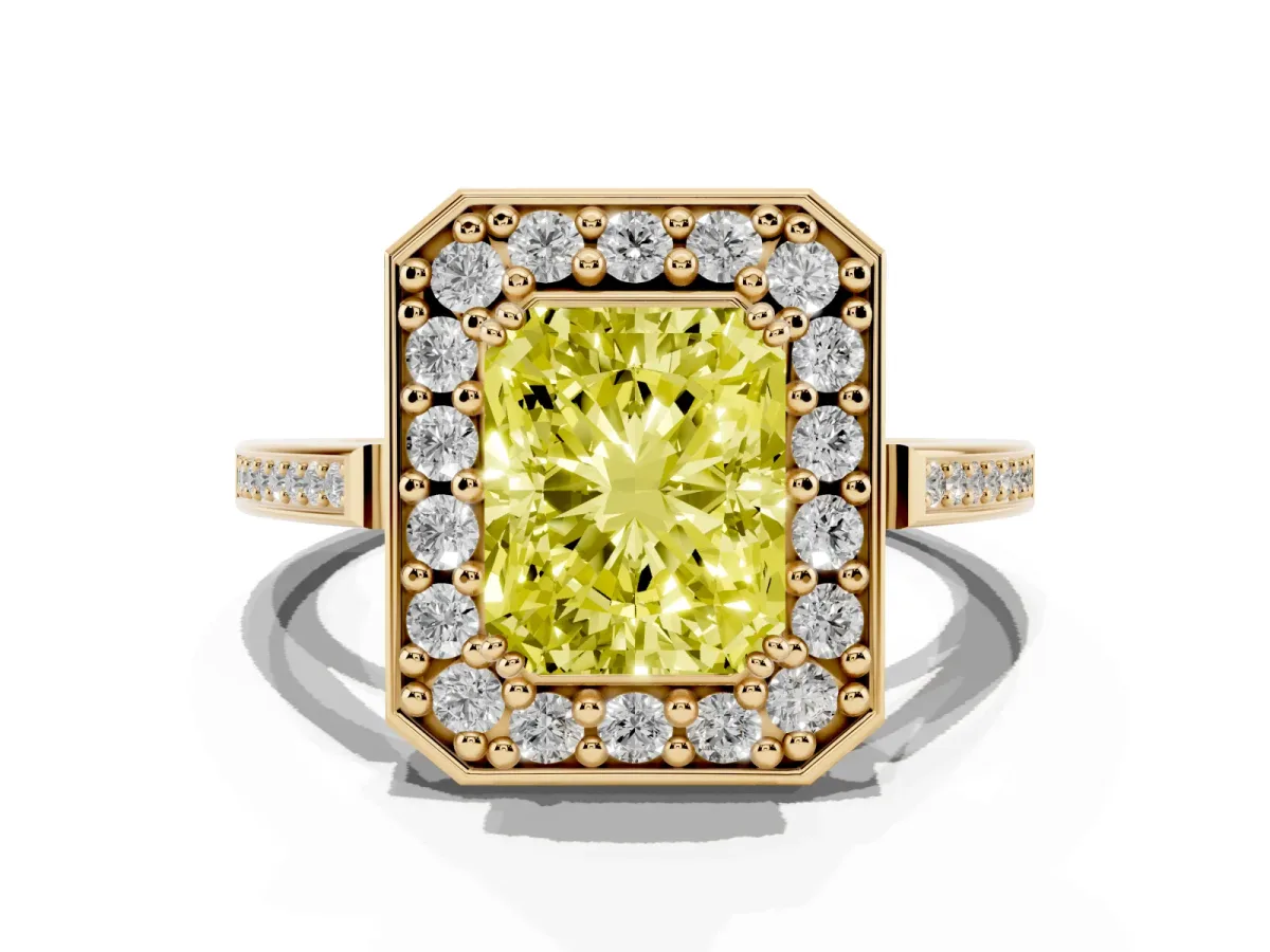 Fancy Yellow Radiant Cut Diamond Halo Ring with Split Shank and Four-Prong Setting Yellow gold