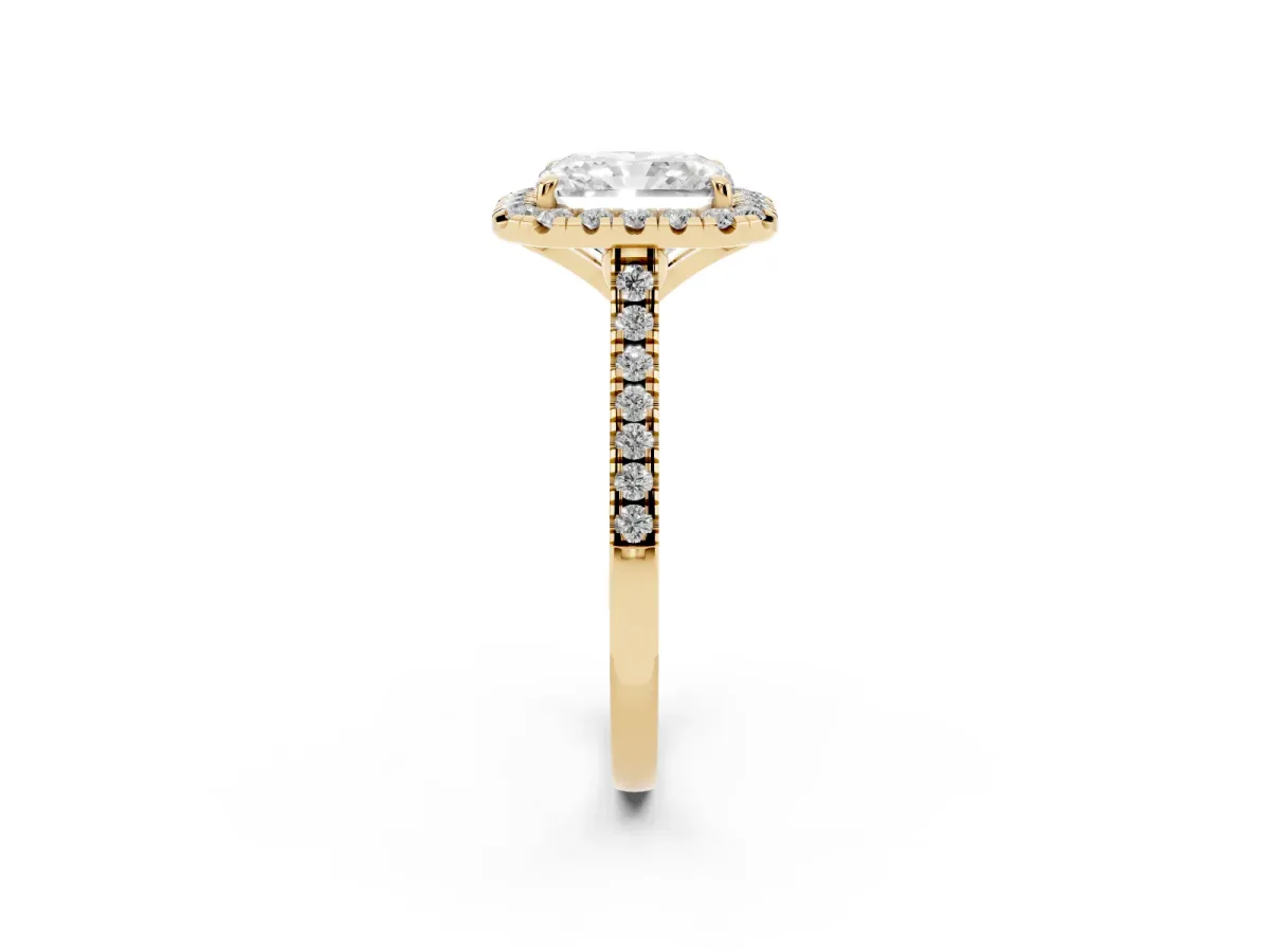 Radiant Cut Diamond Cushion Halo Ring with Pavé Band Yellow gold