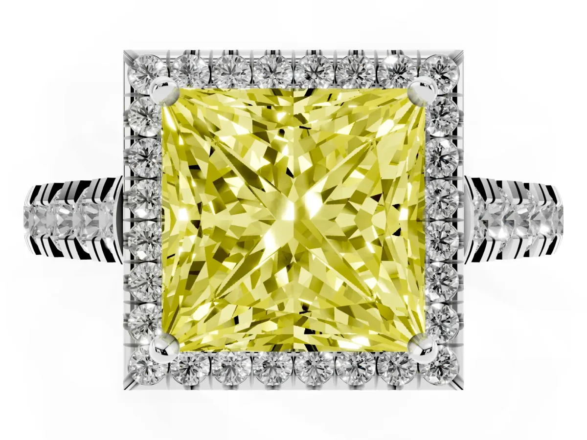 Fancy Yellow Princess Cut Halo Pavé Diamond Engagement Ring with Four-Prong Setting Platinum