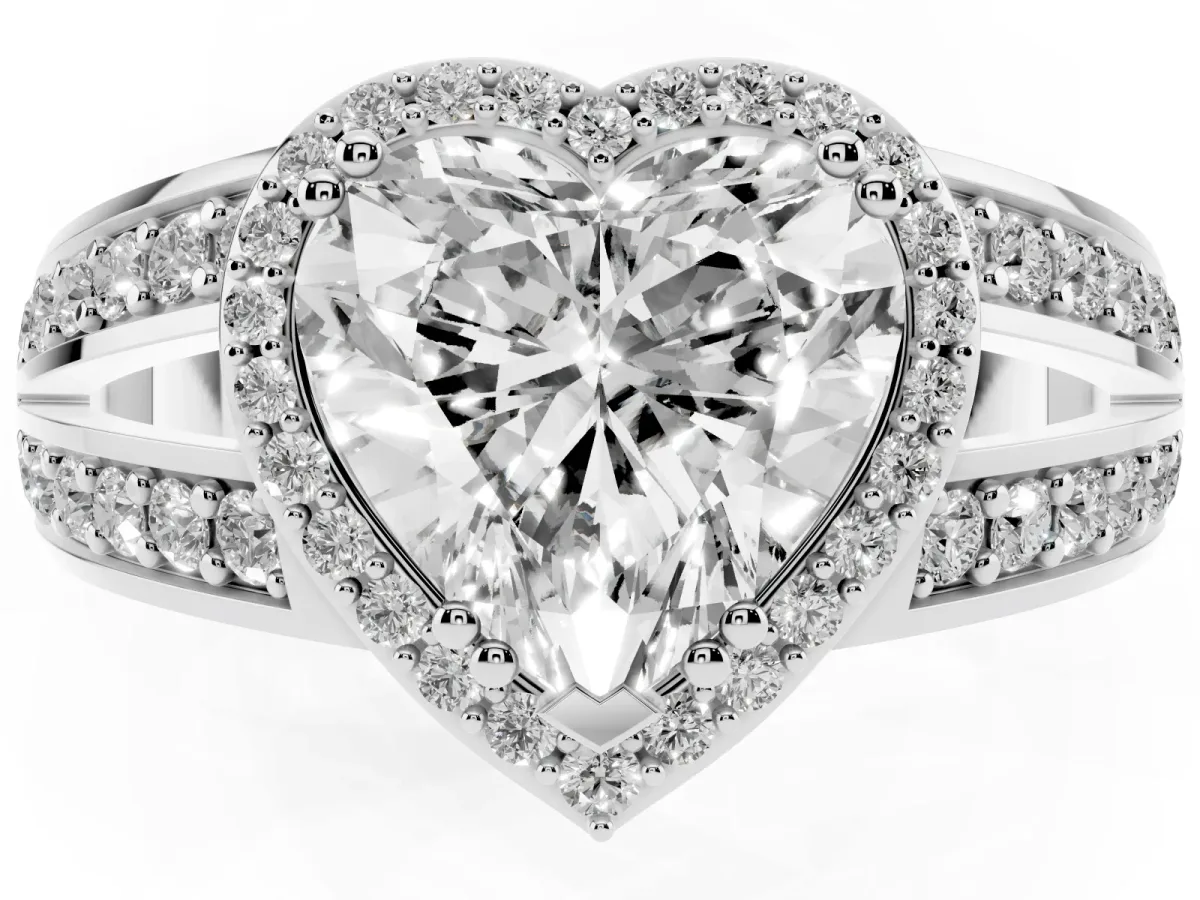 Heart Cut Diamond Halo Ring with Split Shank Pavé Band and Four-Prong Setting White gold