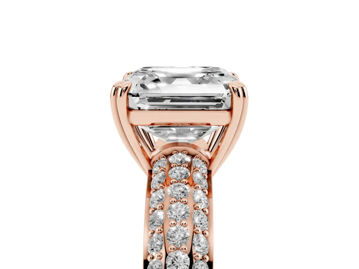 Asscher Cut Diamond Solitaire Ring with Multi-Row Round Pavé Band and Prong Setting Rose gold