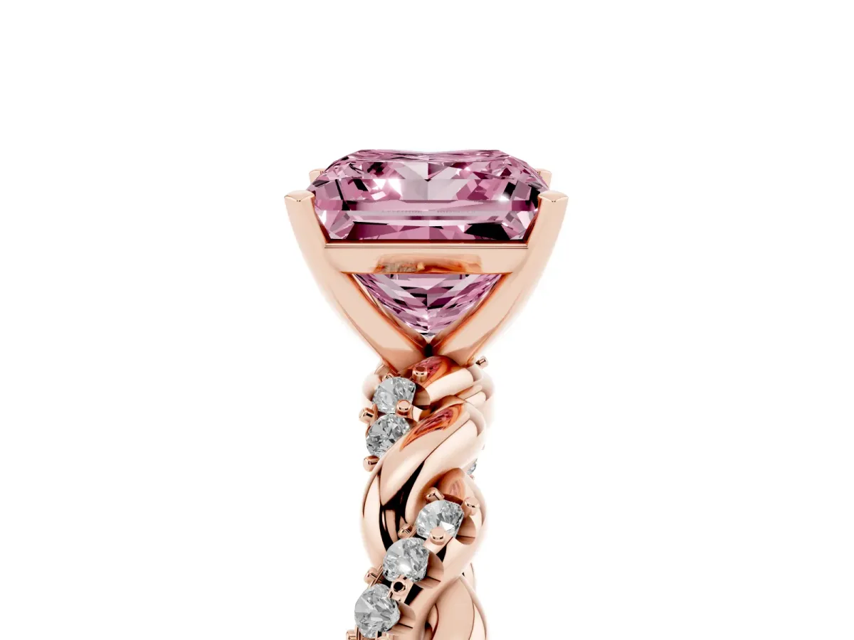 Fancy Pink Princess Cut Diamond Solitaire Ring with Twisted Band and Pavé Accents Rose gold