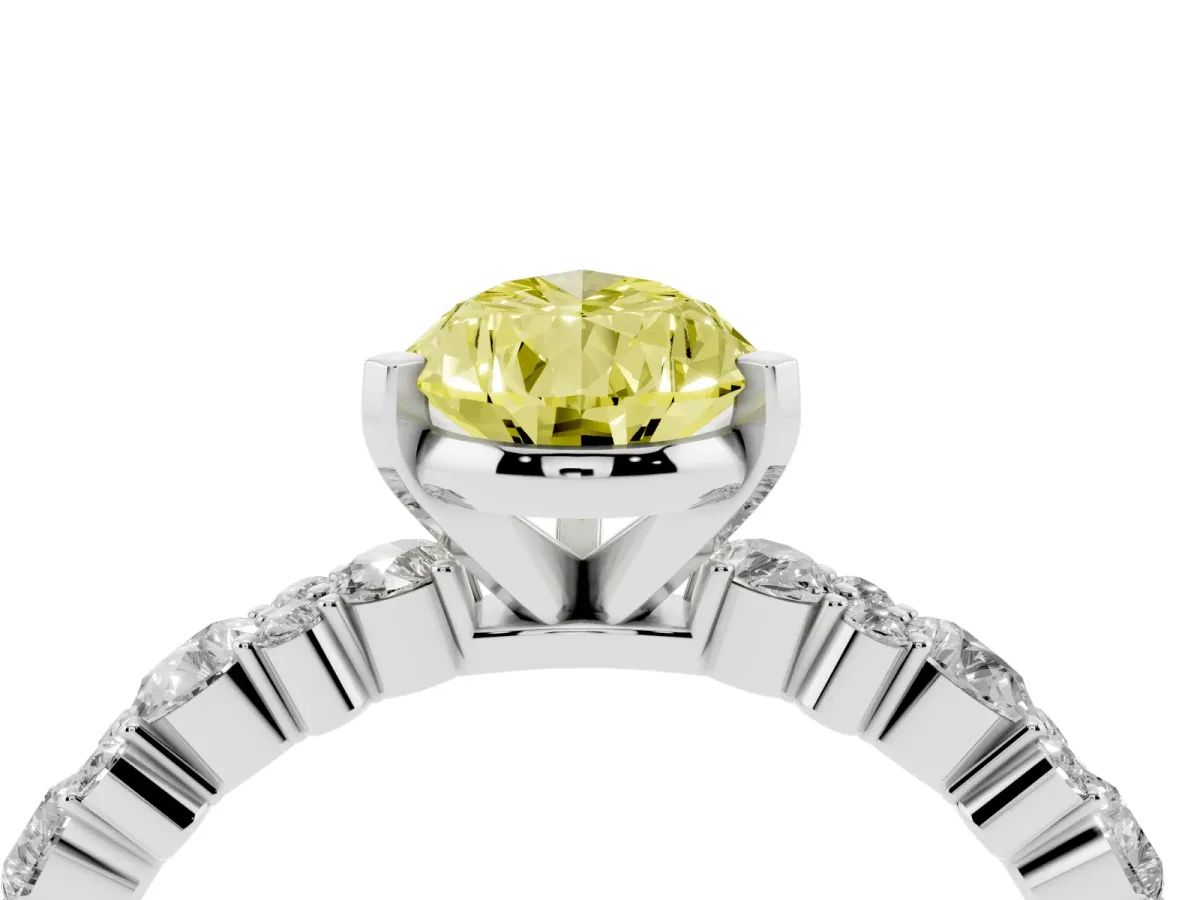 Fancy Yellow Pear Cut Diamond Side Stone Solitaire Ring with Round and Four-Prong Setting Platinum
