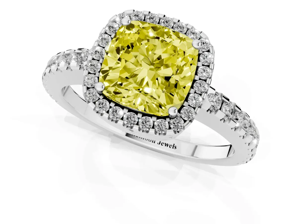 Fancy Yellow Cushion Cut Diamond Halo Engagement Ring with Pavé Band and Prong Setting Platinum