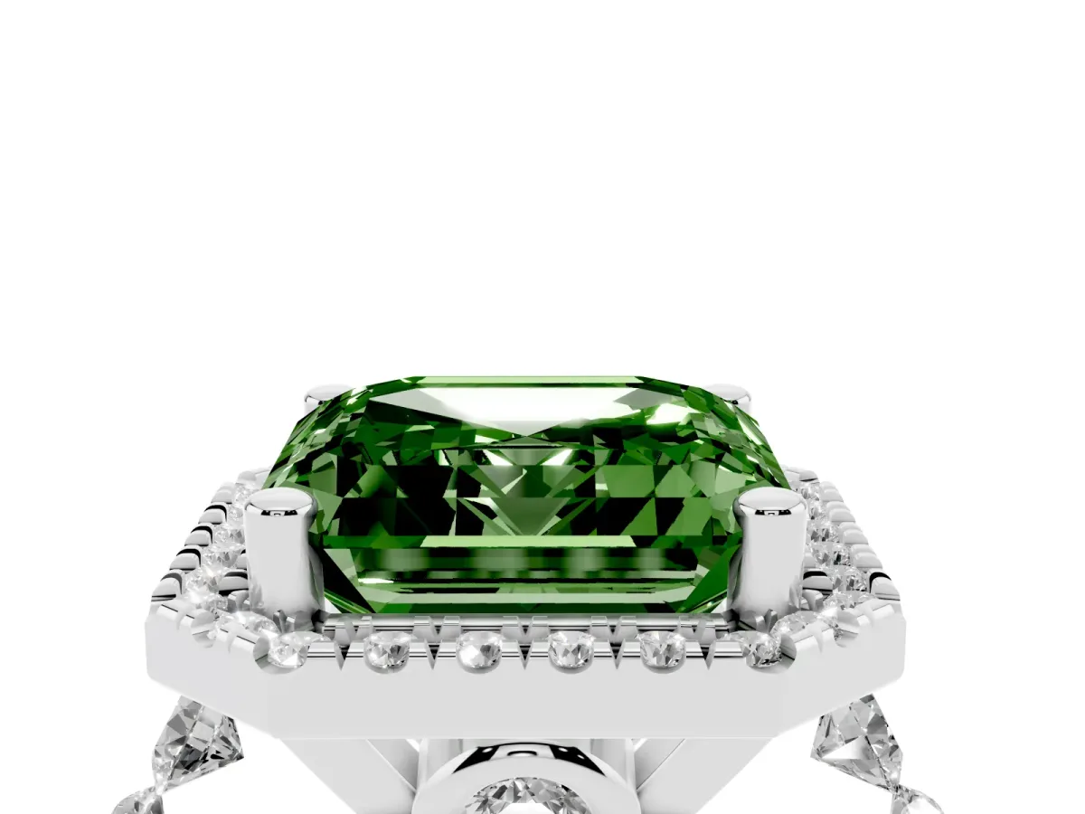Fancy Green Asscher Cut Halo Pavé Diamond Engagement Ring with Four-Prong Setting Platinum