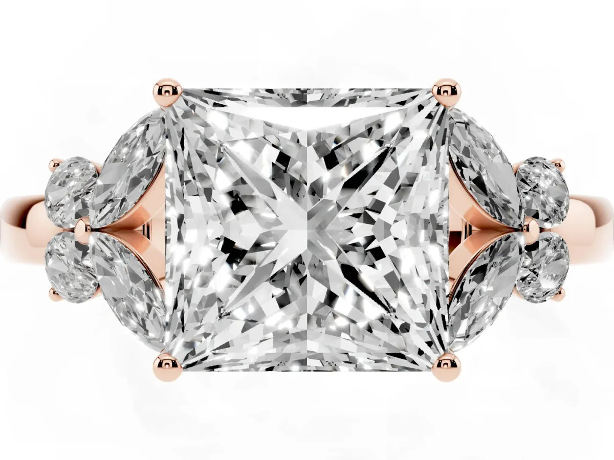Princess Cut Cut Solitaire Floral Diamond Ring with Four-Prong Setting Rose gold
