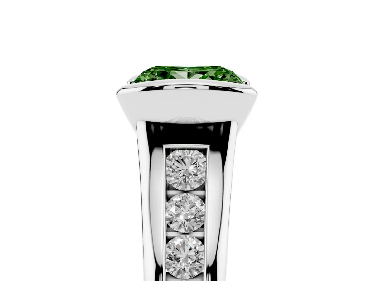 Fancy Green Princess Cut Solitaire Bezel-Set Diamond Ring with Channel-Set Band Silver