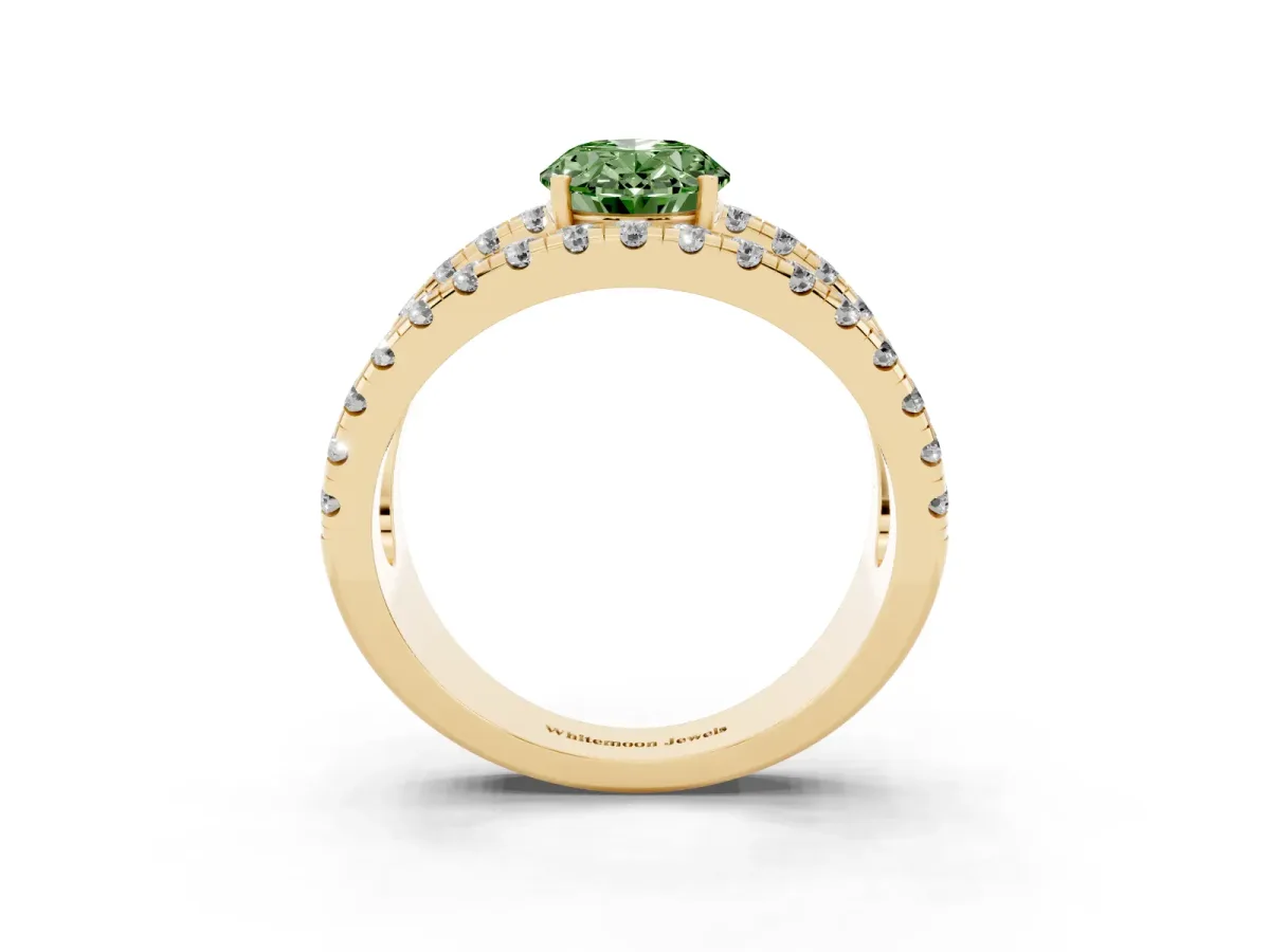 Fancy Green Oval Cut Solitaire Split Shank Pave Diamond Ring Yellow gold