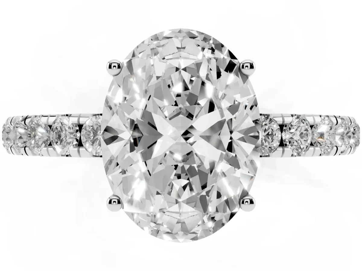 Oval Cut Diamond Pavé Solitaire Engagement Ring with Four-Prong Setting Platinum
