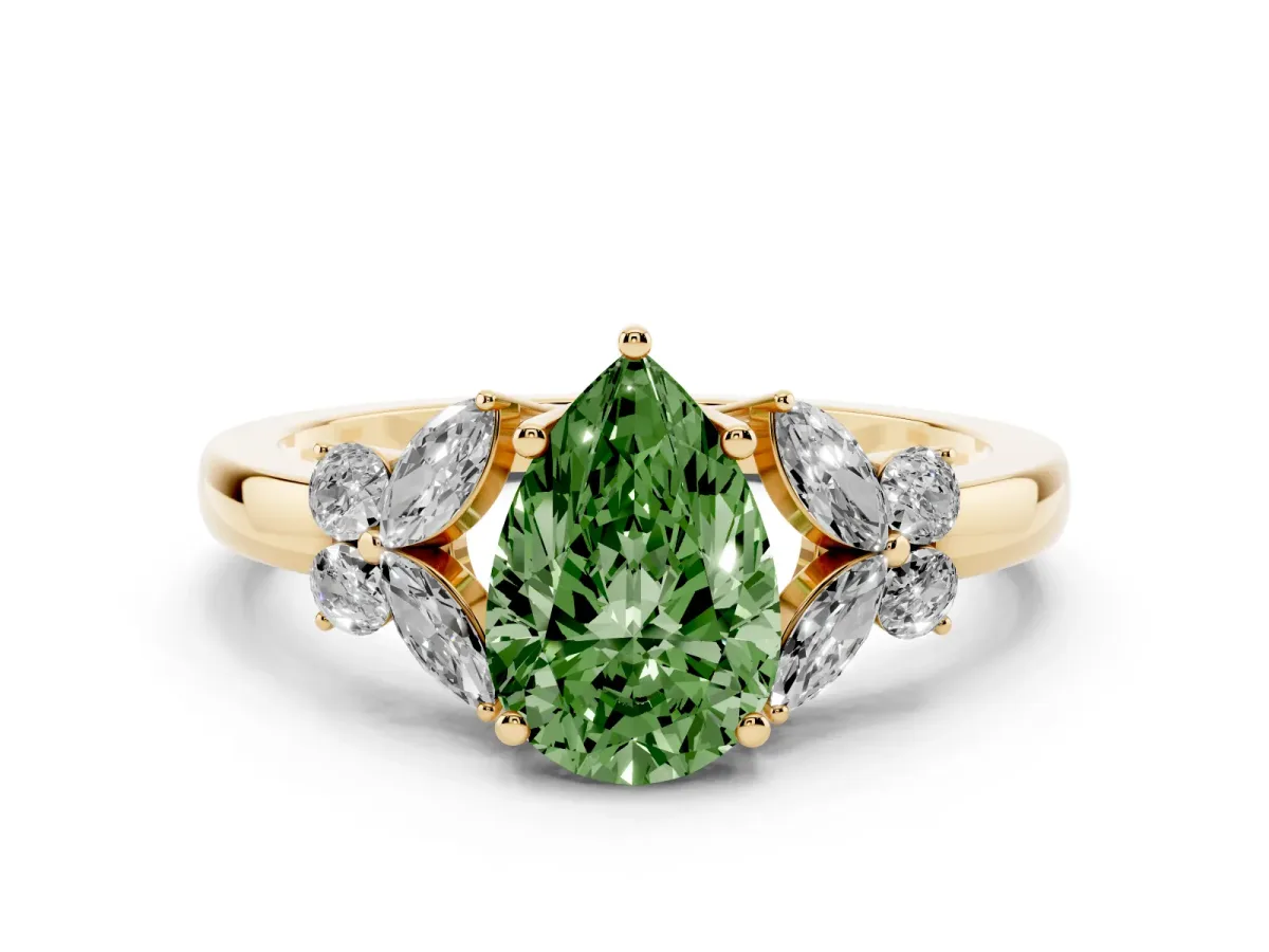 Fancy Green Pear Cut Cut Solitaire Floral Diamond Ring with Four-Prong Setting Yellow gold