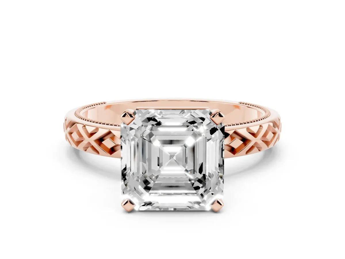 Asscher Cut Solitaire Diamond Ring with Milgrain and Black Enamel X Pattern Band Rose gold