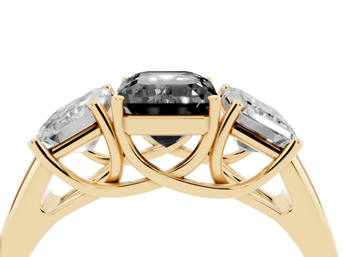 Fancy Black Three-Stone Emerald Cut Diamond Engagement Ring with Prong Setting Yellow gold