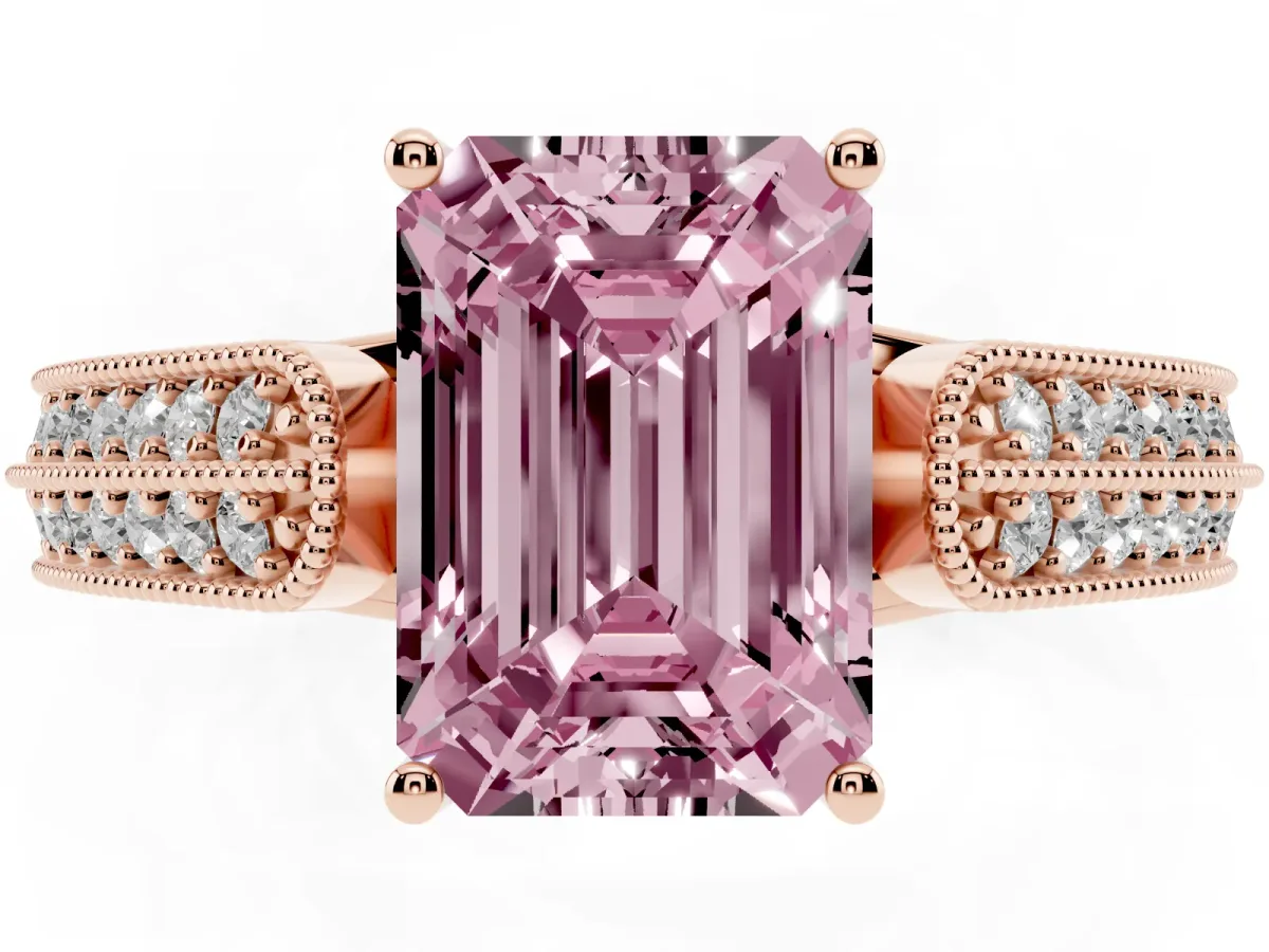 Fancy Pink Emerald Cut Cut Pave Split Shank Engagement Ring with Four-Prong Setting Rose gold