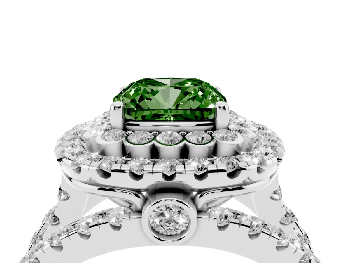 Fancy Green Cushion Cut Diamond Double Halo Ring with Round Pavé Split Shank and Prong Setting Silver
