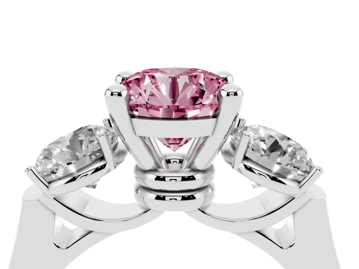 Fancy Pink Three-Stone Round Cut Brilliant Diamond Trellis Ring with Comfort Fit Band Platinum