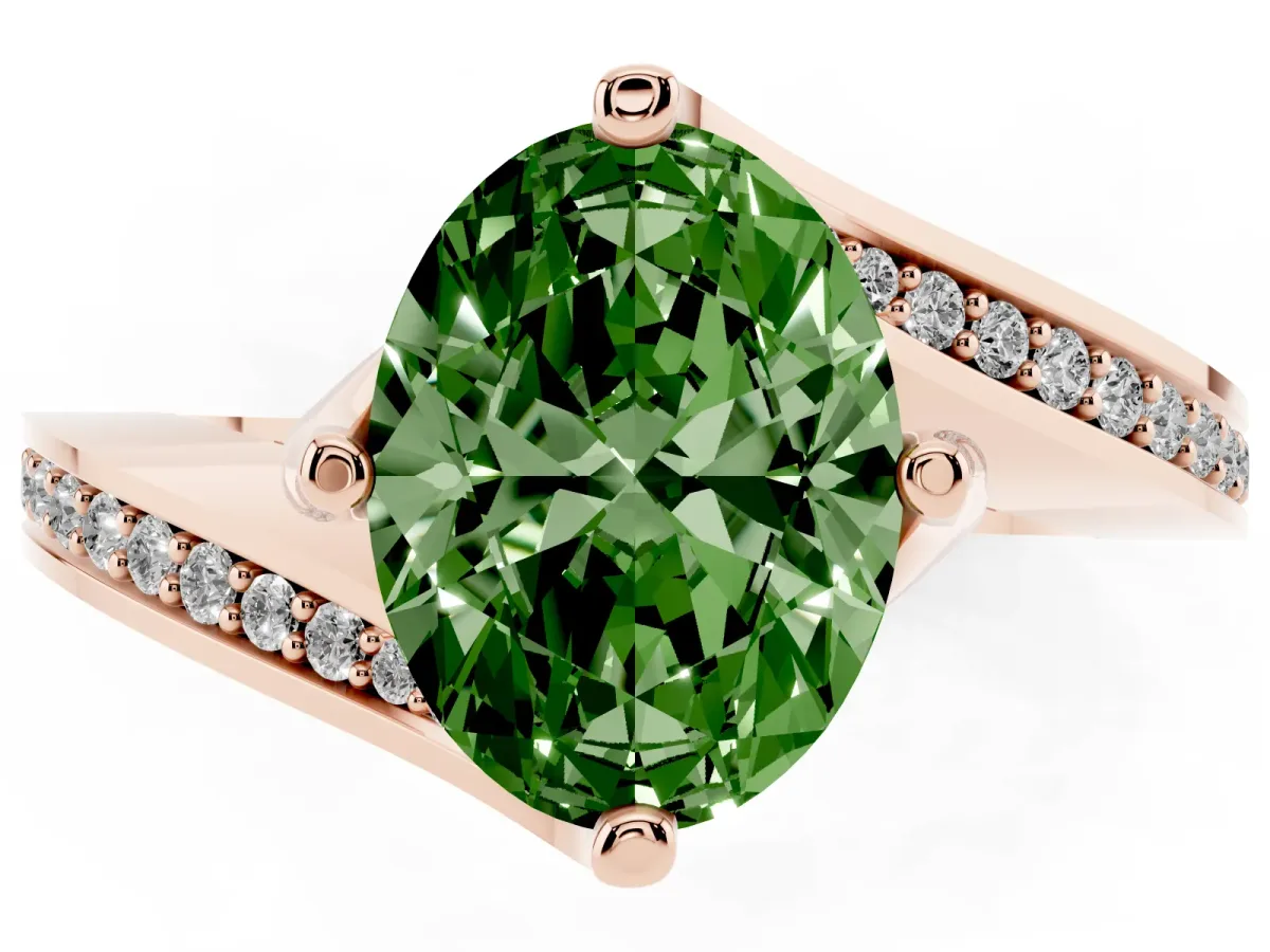 Fancy Green Oval Cut Solitaire Diamond Twist Band with Pavé Setting and Four-Prong Setting Rose gold