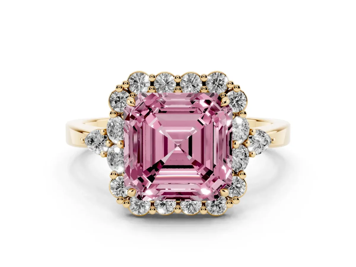 Fancy Pink Asscher Cut Diamond Halo Ring with Pear Side Stones and Prong Setting Yellow gold