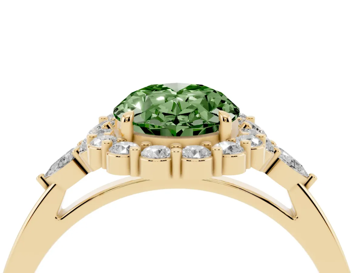 Fancy Green Oval Cut Diamond Halo Ring with Pear Side Stones and Prong Setting Yellow gold