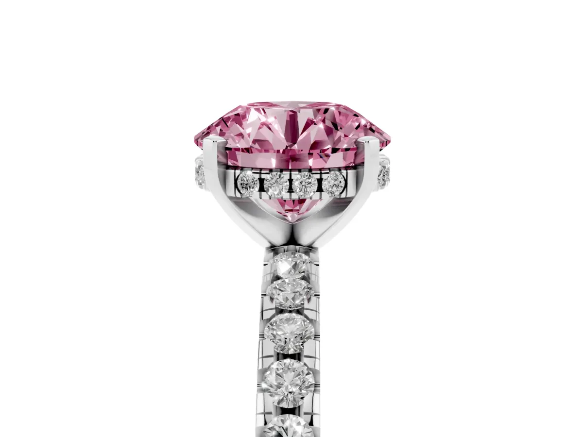 Fancy Pink Round Cut Diamond Solitaire Ring with Round Pavé Band and Four-Prong Setting Silver