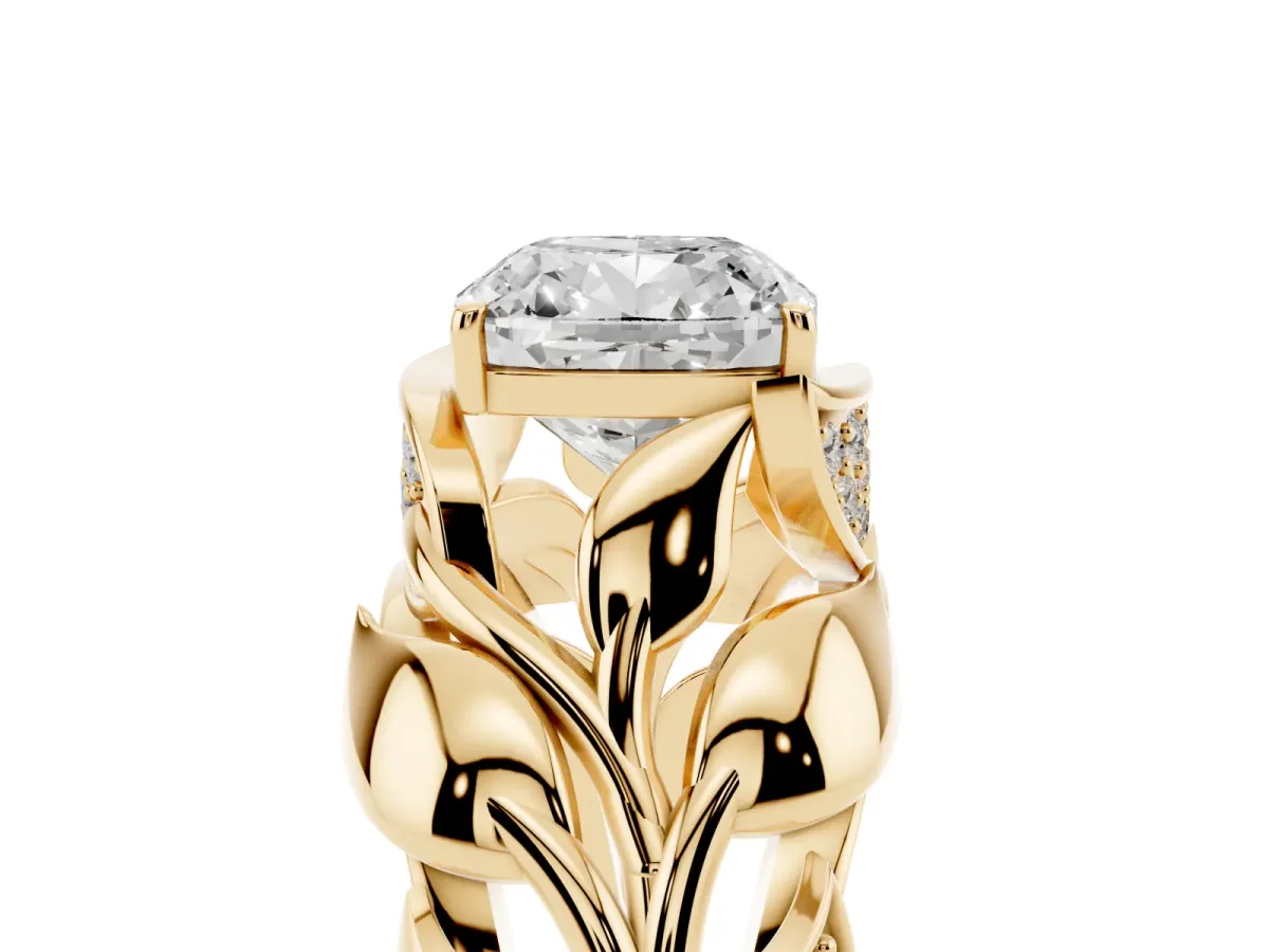 Cushion Cut Diamond Leaf-Inspired Engagement Ring with Round Accents and Prong Setting Yellow gold