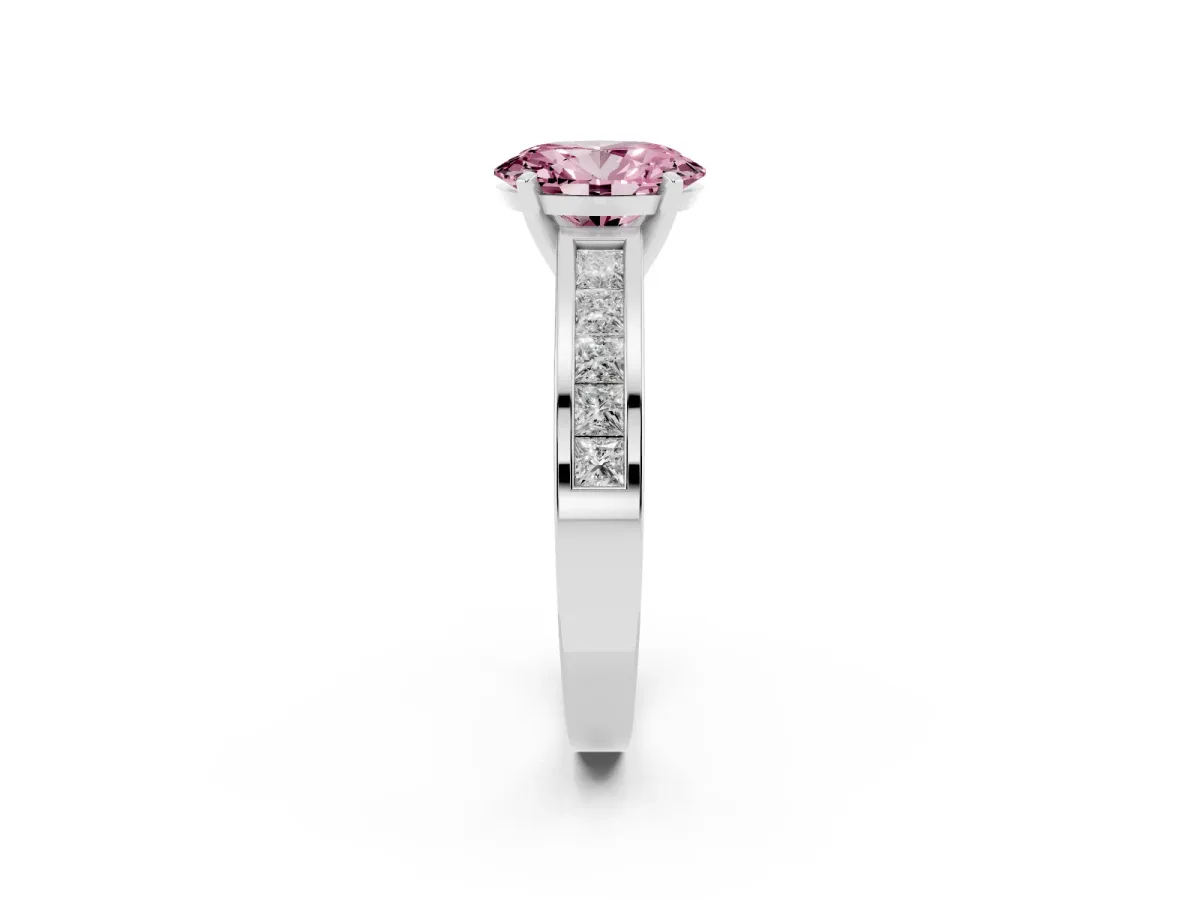 Fancy Pink Oval Cut Solitaire Diamond Ring with Channel-Set Band and Four-Prong Setting Silver
