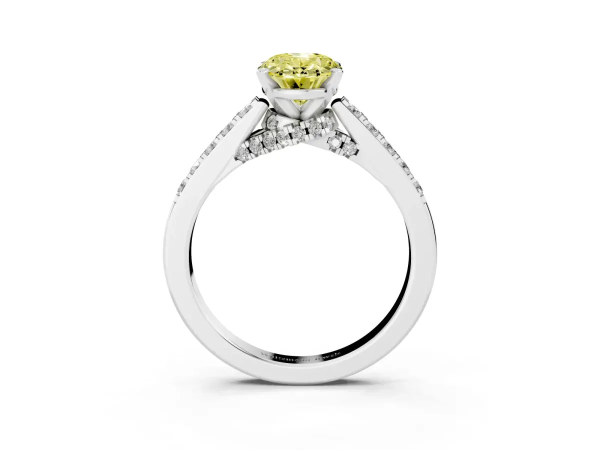 Fancy Yellow Oval Cut Diamond Solitaire Ring with Crossover Gallery and Round Pavé Band Silver