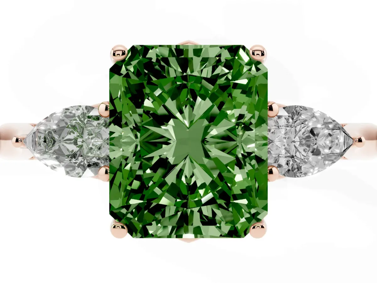 Fancy Green Radiant Cut Diamond Three-Stone Ring with Pear Side Stones and Prong Setting Rose gold