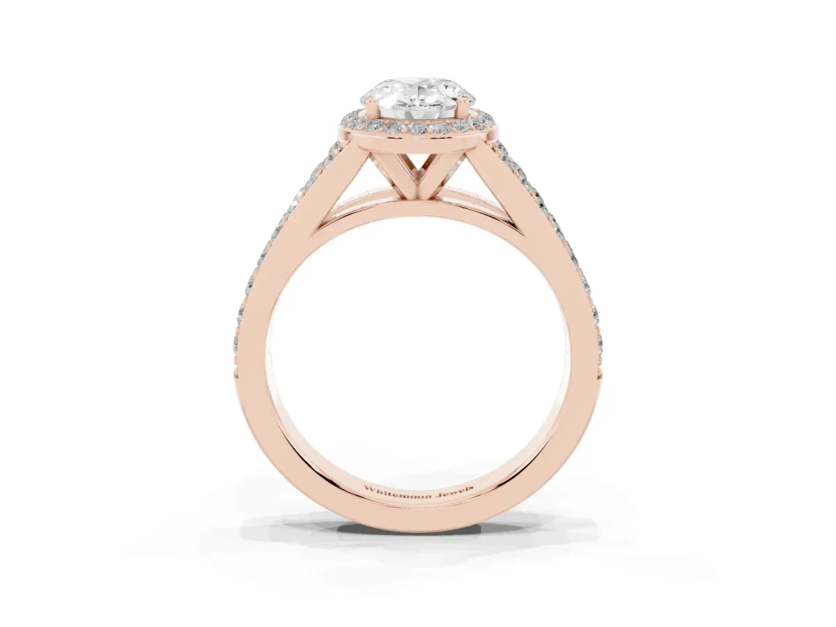 Oval Cut Diamond Split Shank Halo Ring with Four-Prong Setting Rose gold
