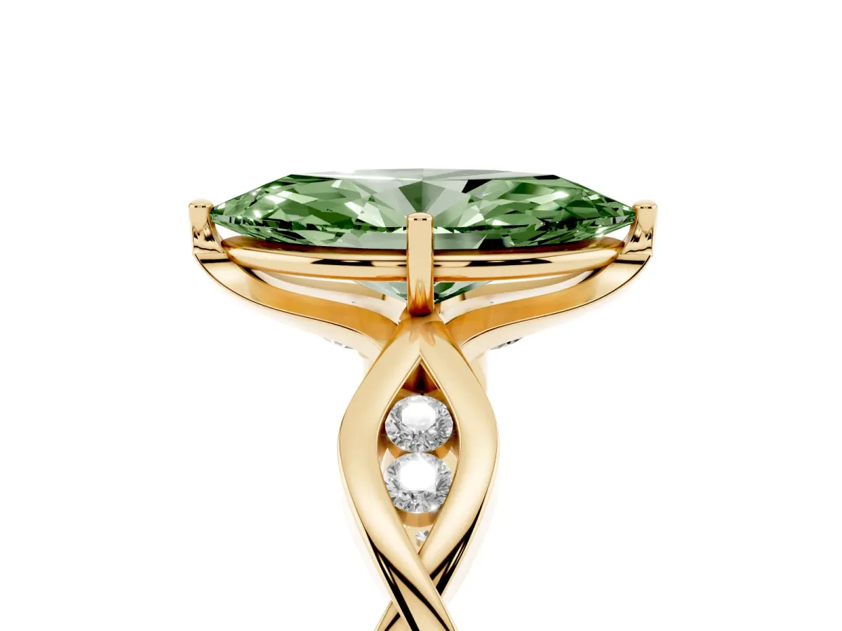 Fancy Green Marquise Cut Solitaire Twist Band with Leaf Prong Setting Yellow gold