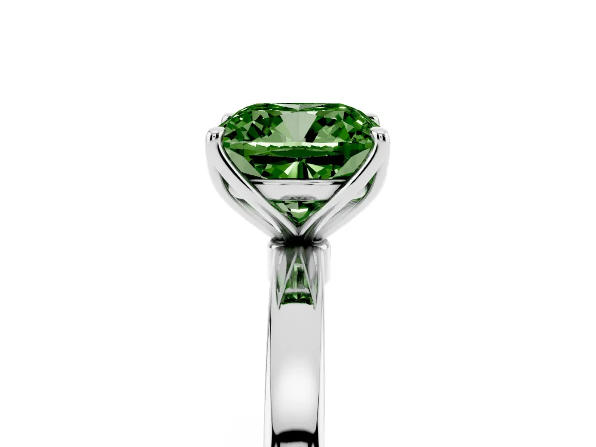 Fancy Green Cushion Cut Diamond Solitaire Ring with Thin Band and Prong Setting White gold