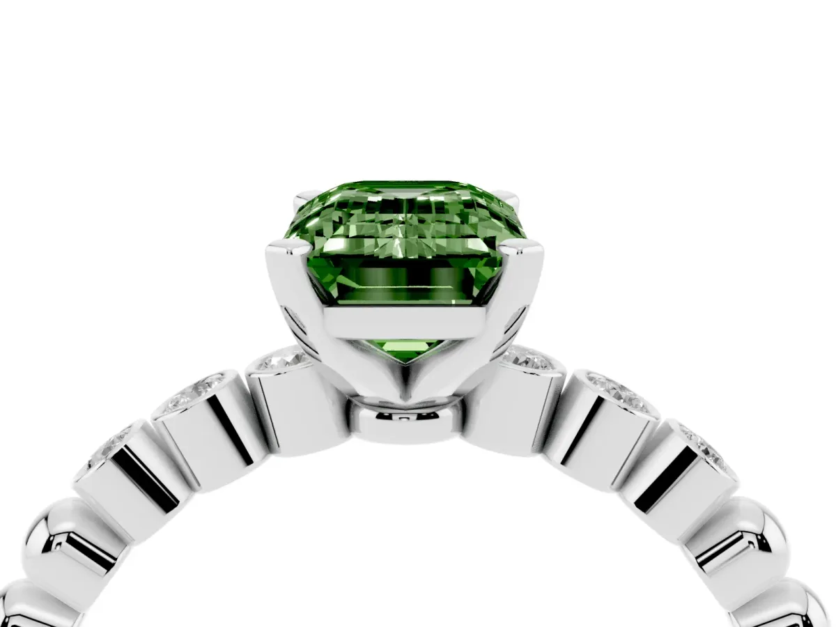 Fancy Green Emerald Cut Solitaire Bezel Accent Diamond Engagement Ring with Beaded Band and Four-Prong Setting Silver