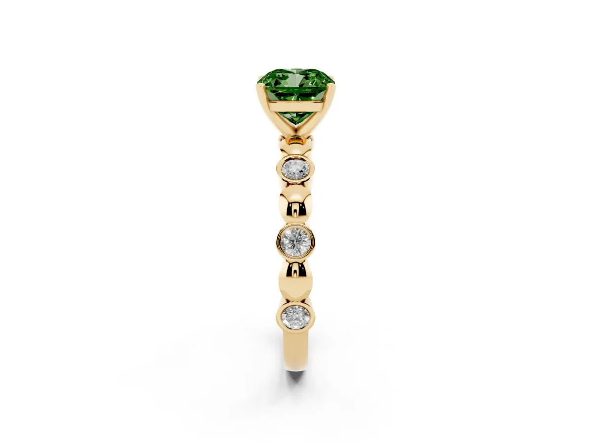 Fancy Green Cushion Cut Solitaire Bezel-Set Diamond Ring with Beaded Band and Four-Prong Setting Yellow gold