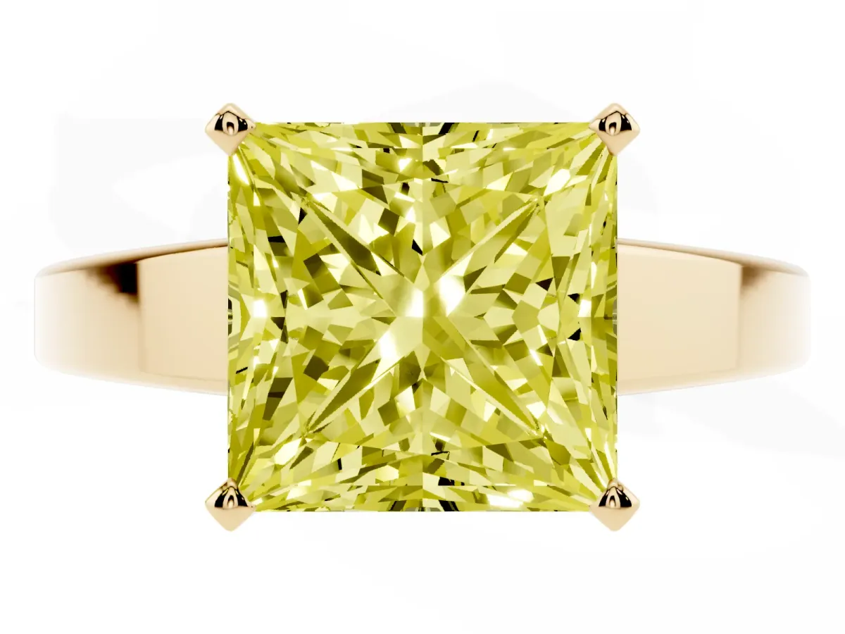 Fancy Yellow Princess Cut Solitaire Engagement Ring with Four-Prong Setting and Tapered Band Yellow gold