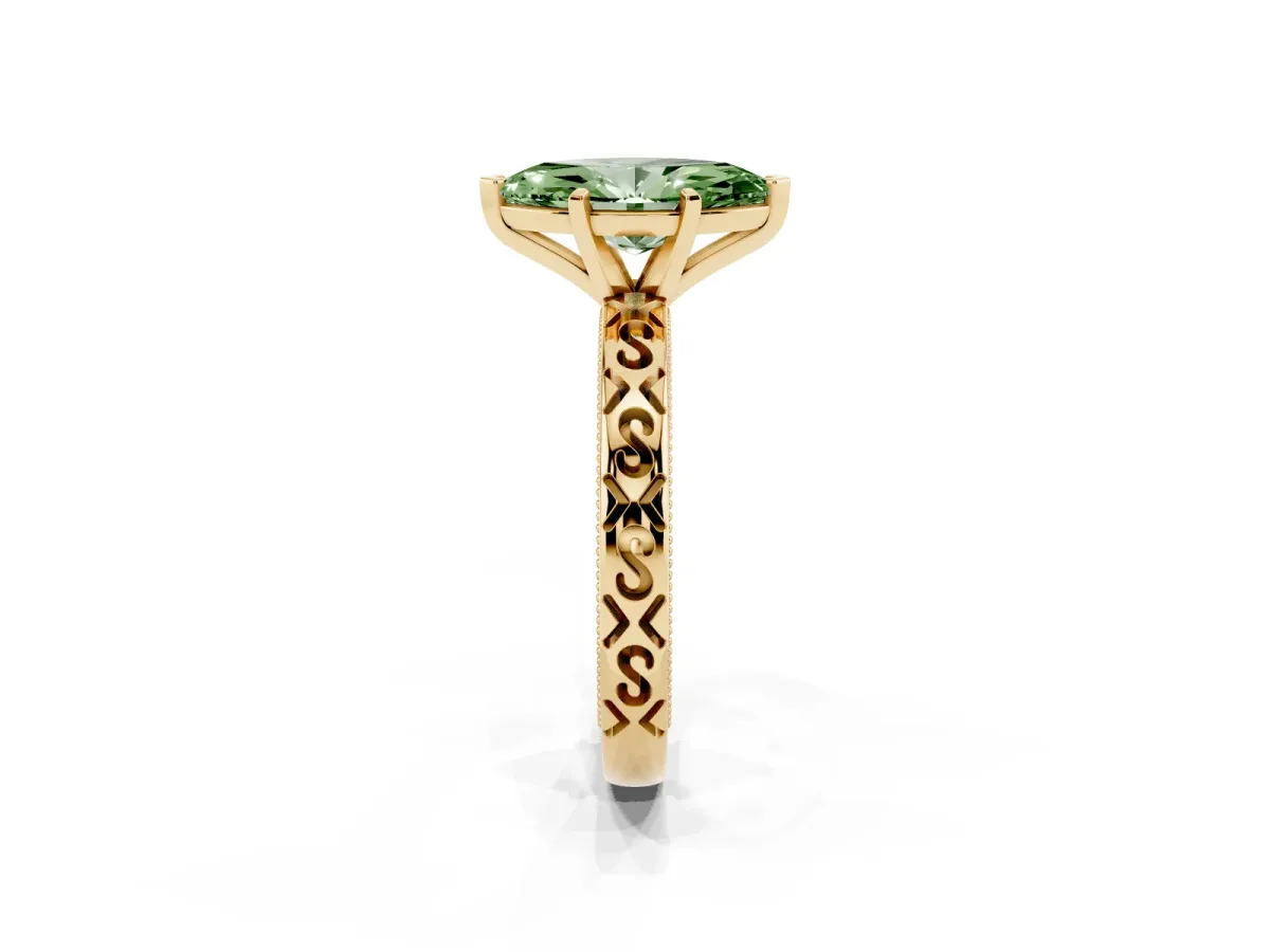 Fancy Green Marquise Cut Solitaire Engagement Ring with Scrollwork Band and Four-Prong Setting Yellow gold