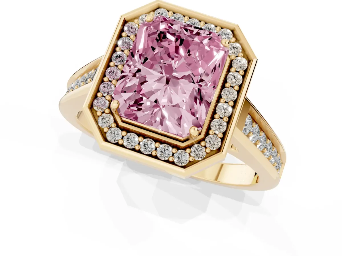 Fancy Pink Emerald Cut Halo Solitaire Diamond Ring with Pave Band and Bezel Setting Yellow gold
