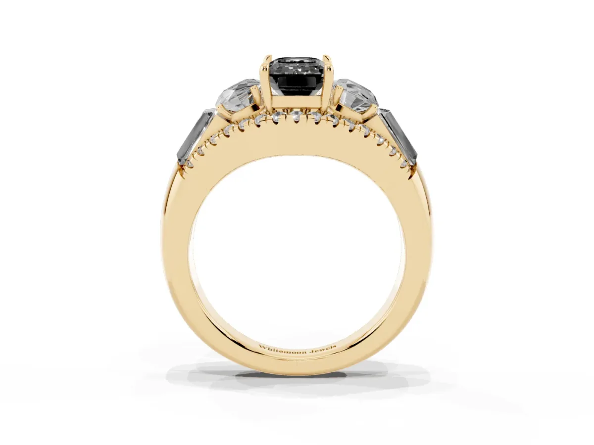 Fancy Black Three-Stone Emerald Cut Diamond Engagement Ring with Pave Band and Prong Setting Yellow gold