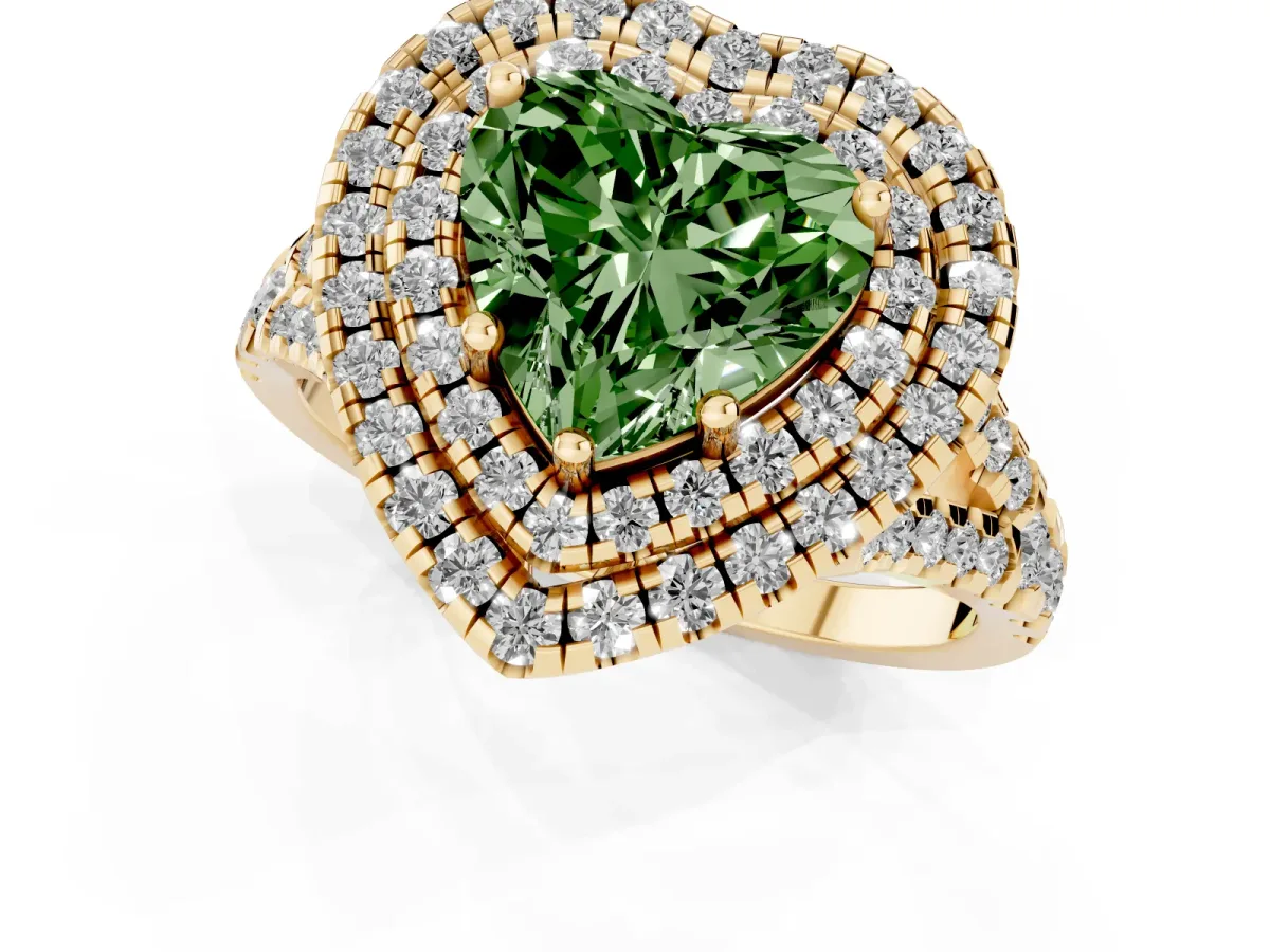 Fancy Green Double Halo Heart Cut Diamond Pavé Split Shank Ring with Prong Setting Yellow gold