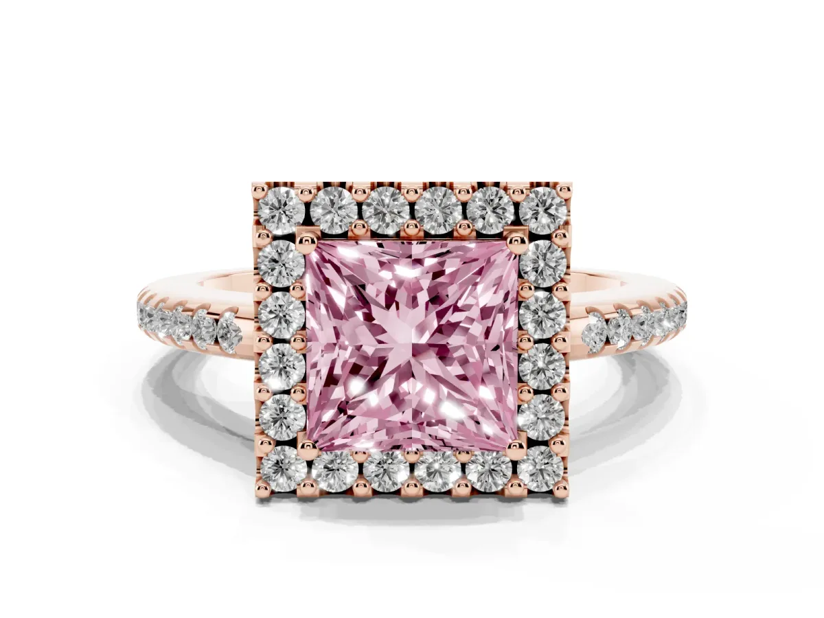 Fancy Pink Princess Cut Diamond Pavé Halo Ring with Four-Prong Setting Rose gold