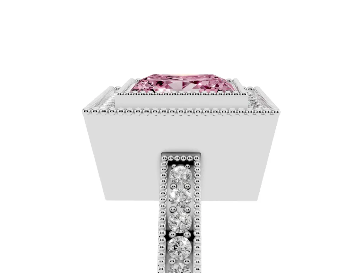 Fancy Pink Princess Cut Cut Halo Diamond Ring with Pavé Band and Milgrain Prong Setting Platinum