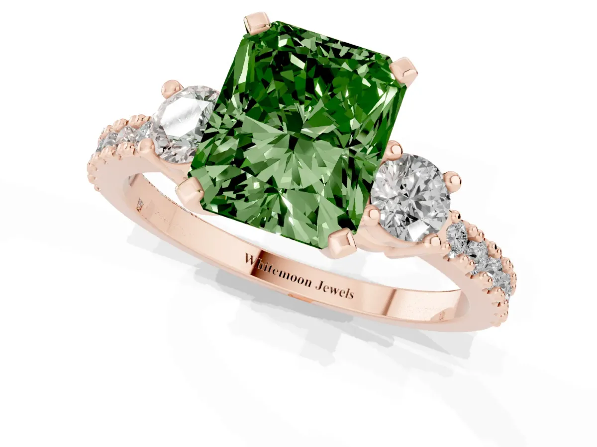 Fancy Green Radiant Cut Three-Stone Diamond Pavé Band with Prong Setting Rose gold