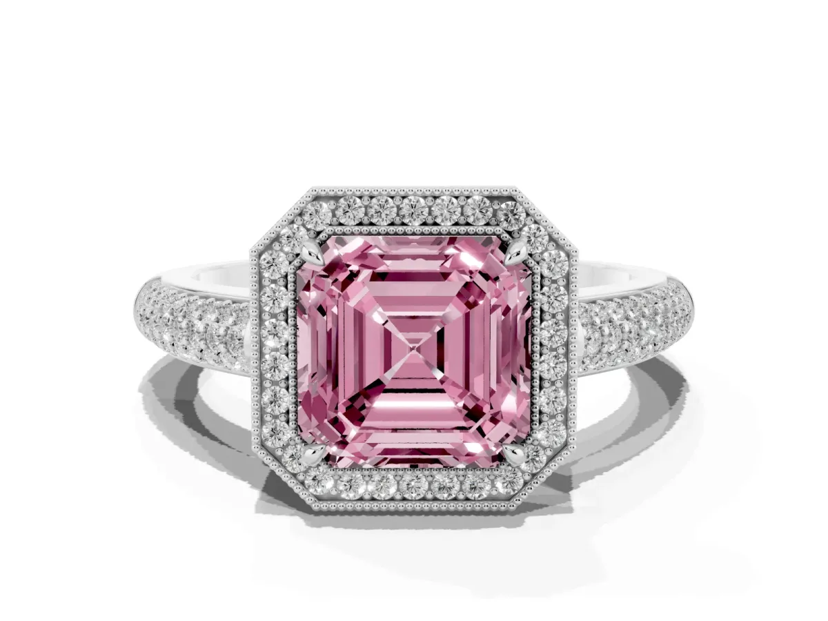 Fancy Pink Asscher Cut Cut Halo Diamond Pave Band with Four-Prong Setting Silver