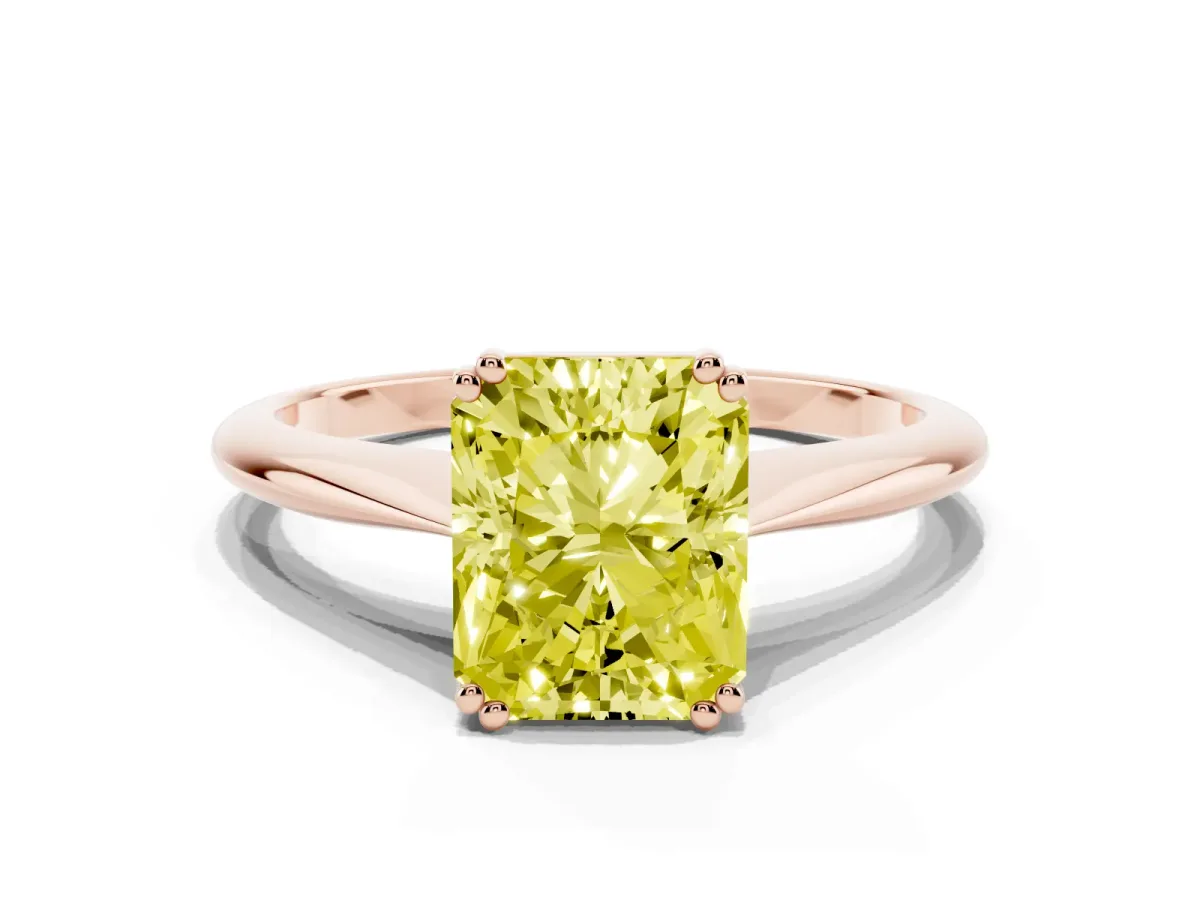 Fancy Yellow Radiant Cut Solitaire Diamond Ring with Six-Prong Setting and Classic Band Rose gold