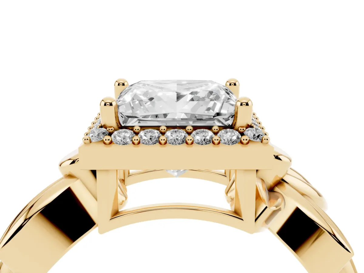 Princess Cut Halo Diamond Floral Band with Four-Prong Setting Yellow gold